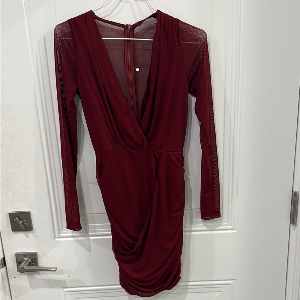 Red Ruched Long Sleeve Bodycon Dress
